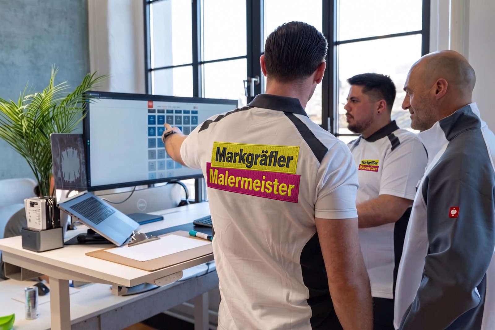 Das Team von Markgräfler Malermeisterbetrieb plant am Monitor digitale Projekte und bespricht wichtige Details