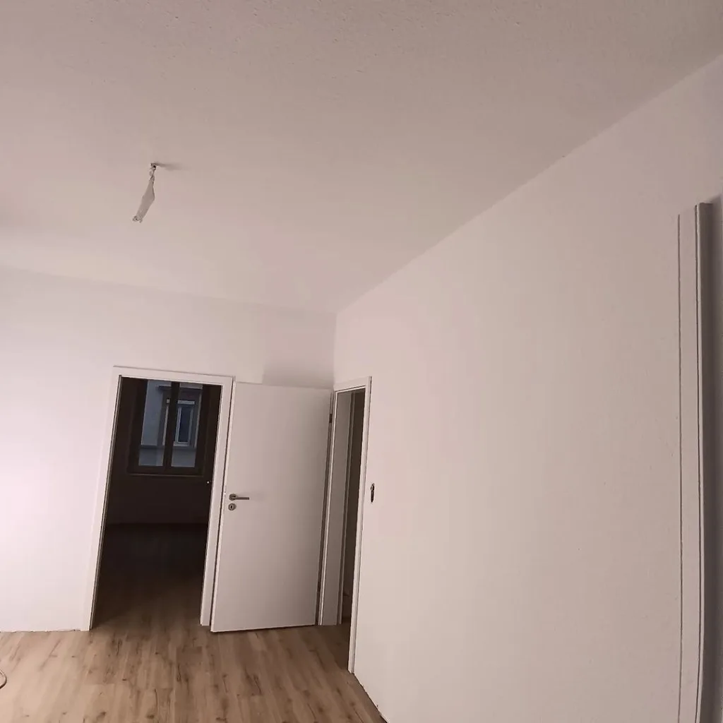 Tapezierarbeiten in einer Wohnung, heller Korridor mit frisch tapezierten, weiß gestrichenen Raufaser-Wänden und Laminatboden